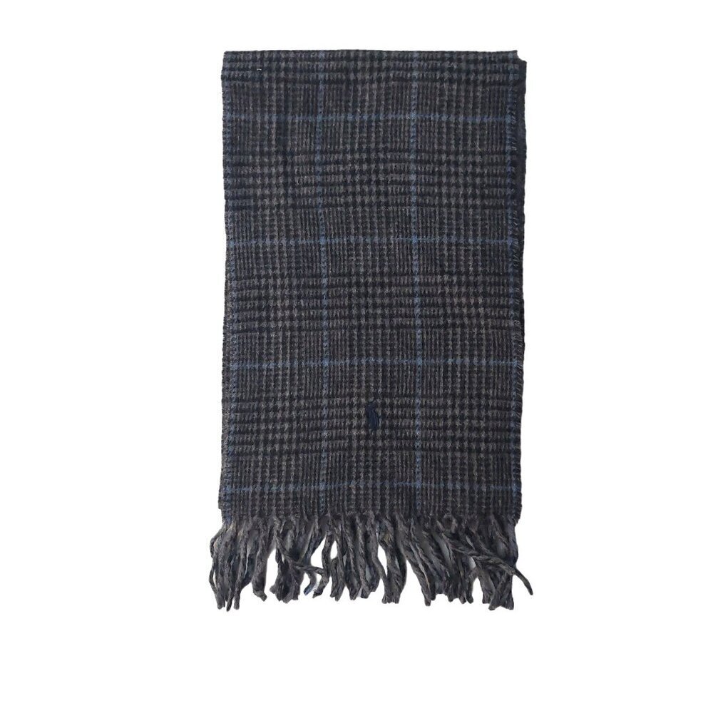 POLO Ralph Lauren Light Blue Black Gray Plaid Reversible Scarf Embroidered Logo - Picture 1 of 7